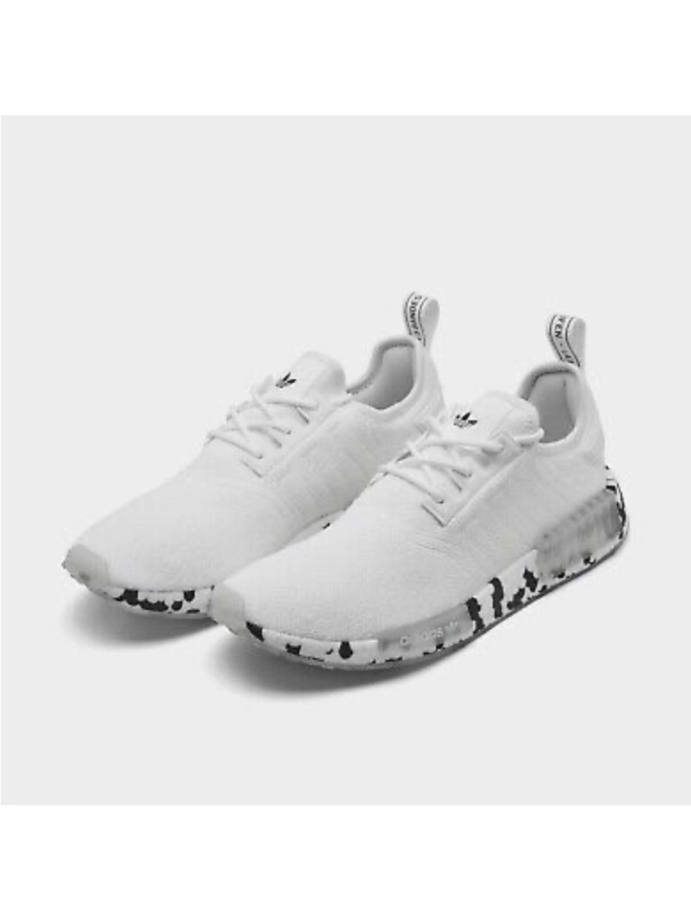 adidas Men’s NMD R1 White Knit Sneakers with Black Patterned Midsole